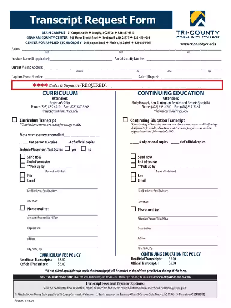 Transcript Request Form - Tri-County Community College - Preview on Page 1
