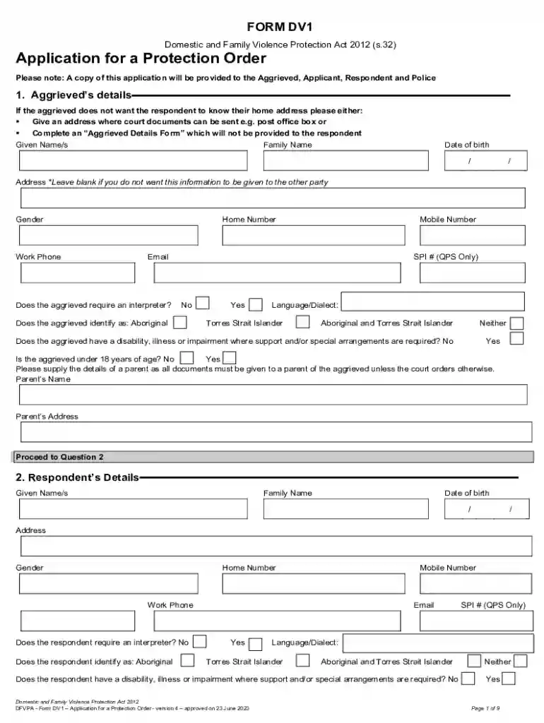 Domestic Violence Protection Order Application Preview on Page 1