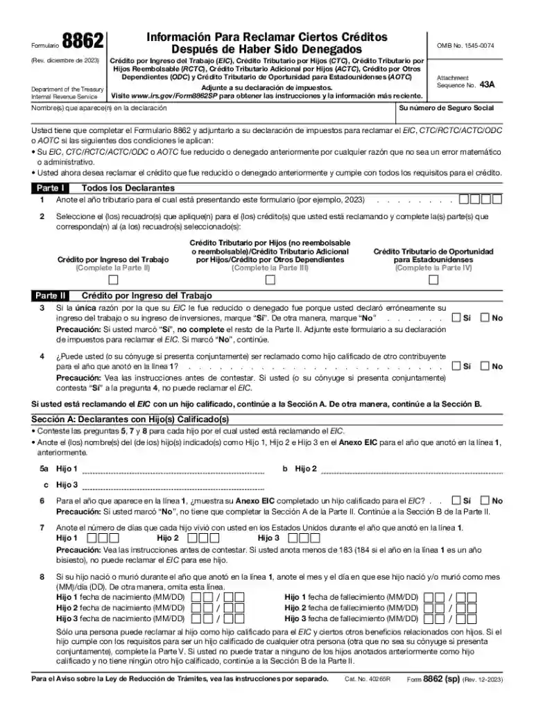 Form 8862 (sp) (Rev December 2023) Information To Claim Earned Income Credit After Disallowance (Spa Preview on Page 1