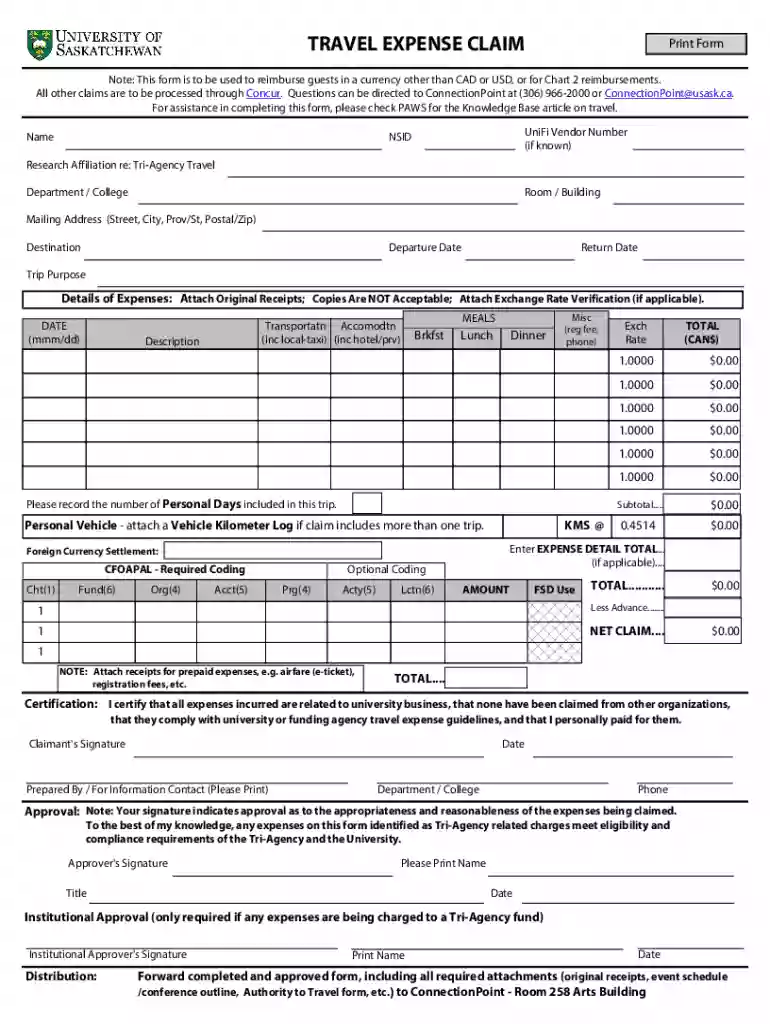 Travel Expense Claim Form Preview on Page 1