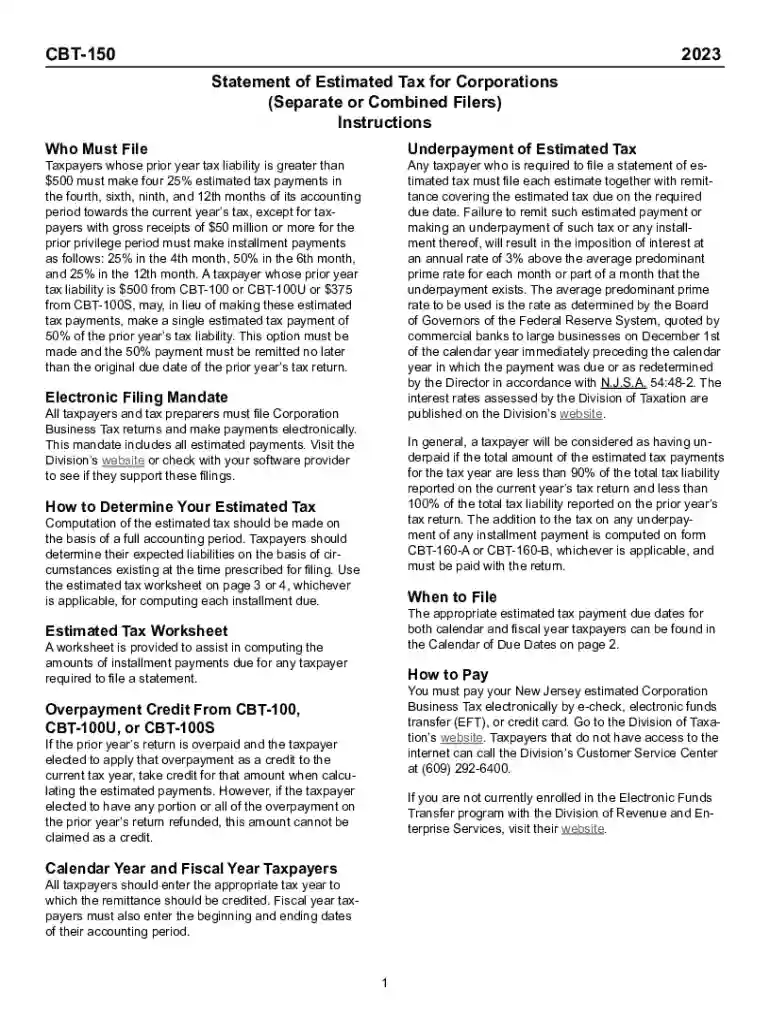 2023 Form CBT-150 Instructions Instructions for CBT-150 Statement of Estimated Tax for Corporations Preview on Page 1