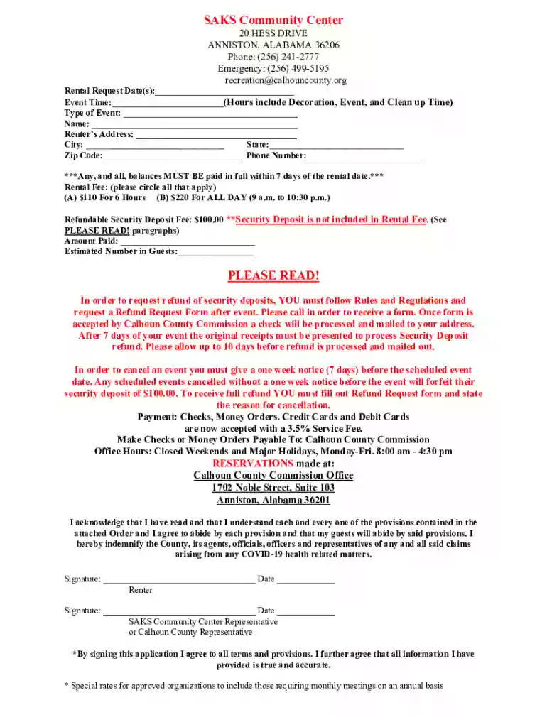 Saks Community Center - Fill Online, Printable, Fillable, Blank Preview on Page 1