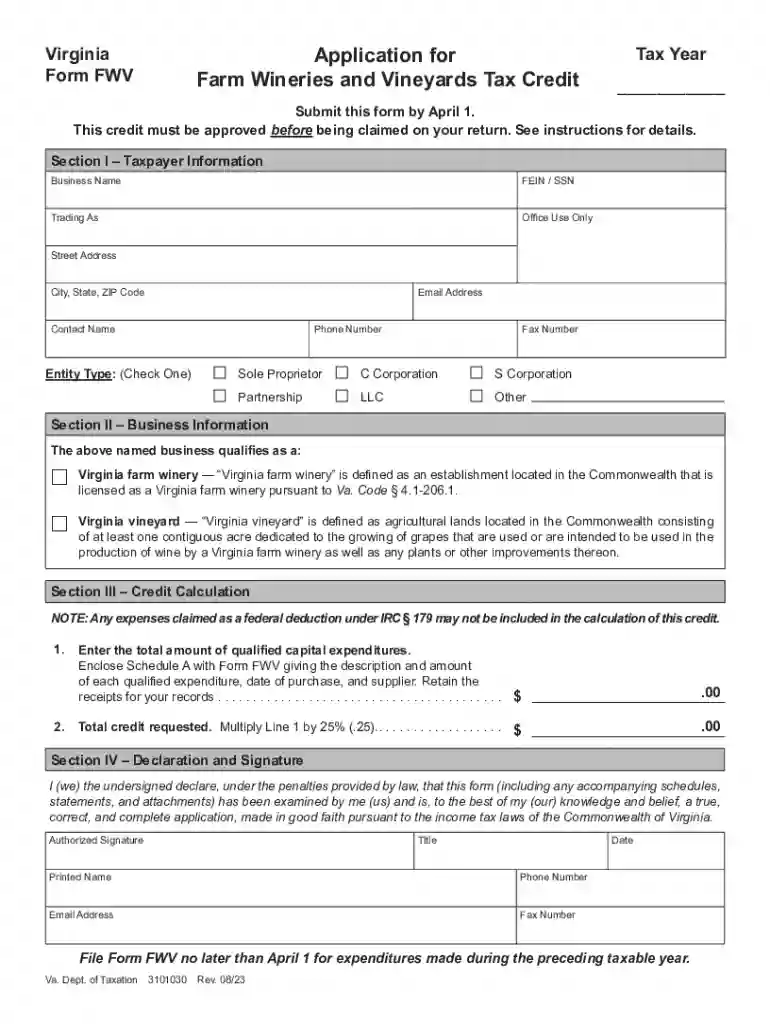 Form FWV - Application for Farm Wineries and Vineyards Tax Credit Preview on Page 1