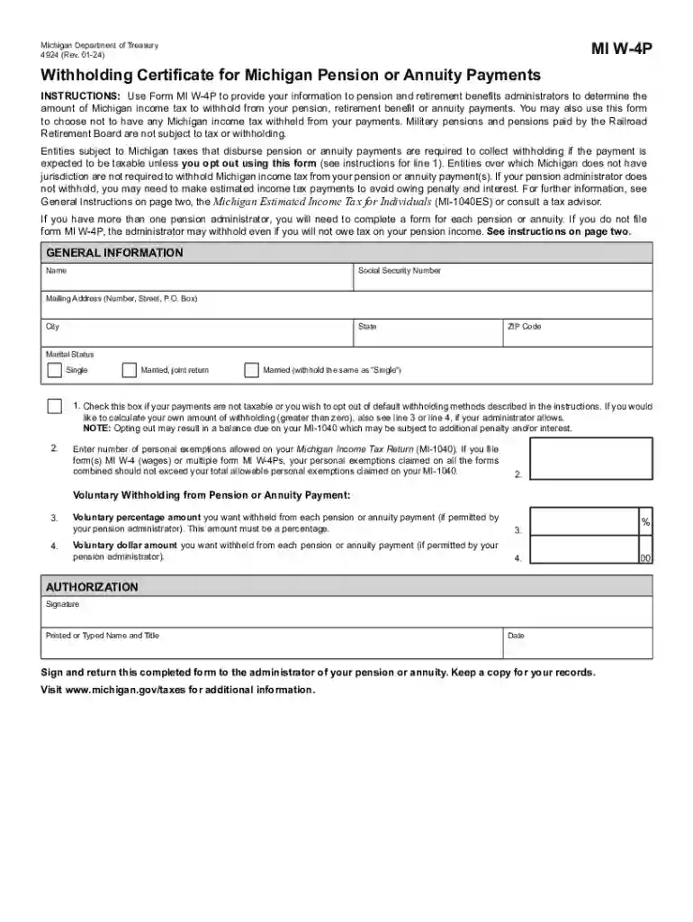 4924, Withholding Certificate for Michigan Pension or Annuity Payments MI W-4P Preview on Page 1