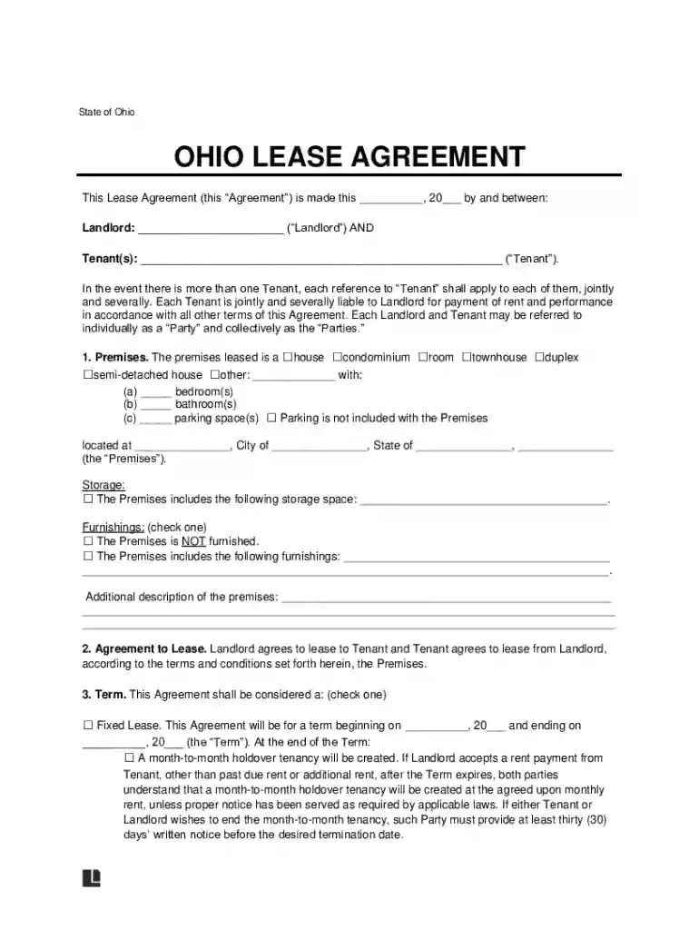 Ohio Lease Agreement Template Preview on Page 1