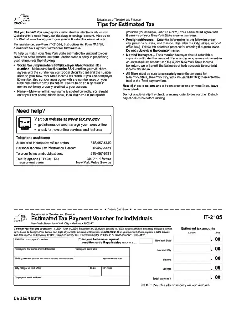 Form IT-2105 Estimated Income Tax Payment Voucher Tax Year 2024 Preview on Page 1
