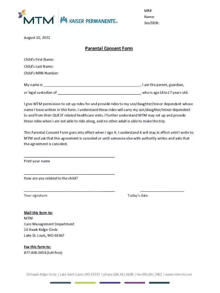 mtm parental consent form Preview on Page 1