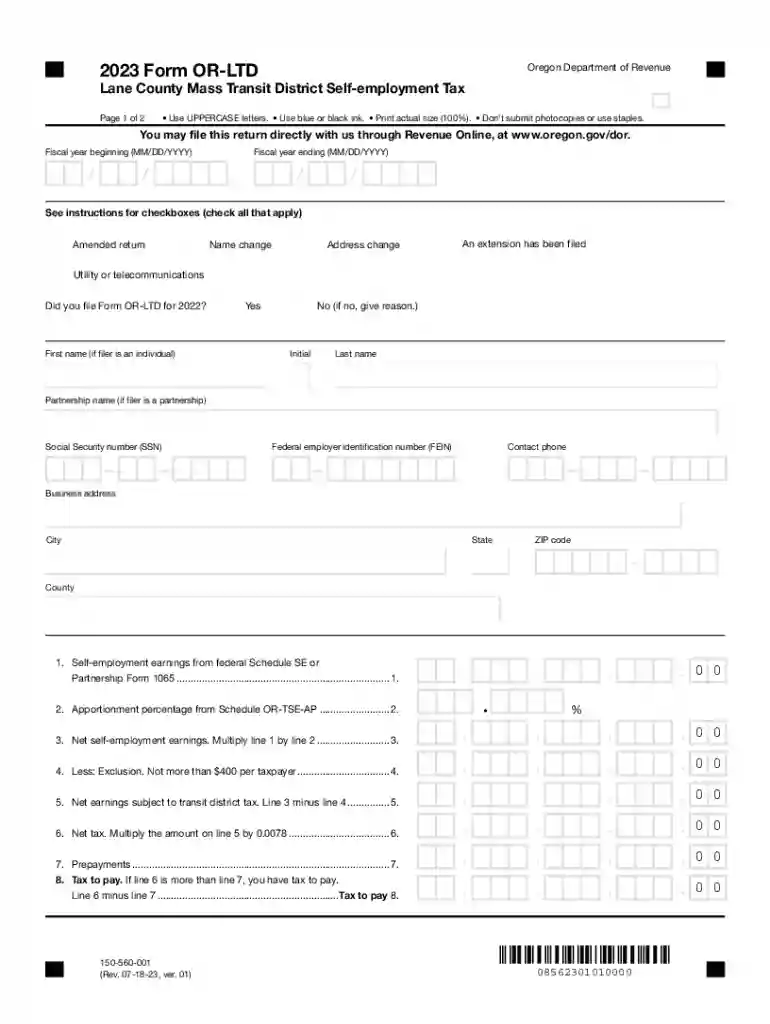 2023 Form OR-LTD, Lane County Mass Transit District Self-Employment Tax, 150-560-001 Preview on Page 1