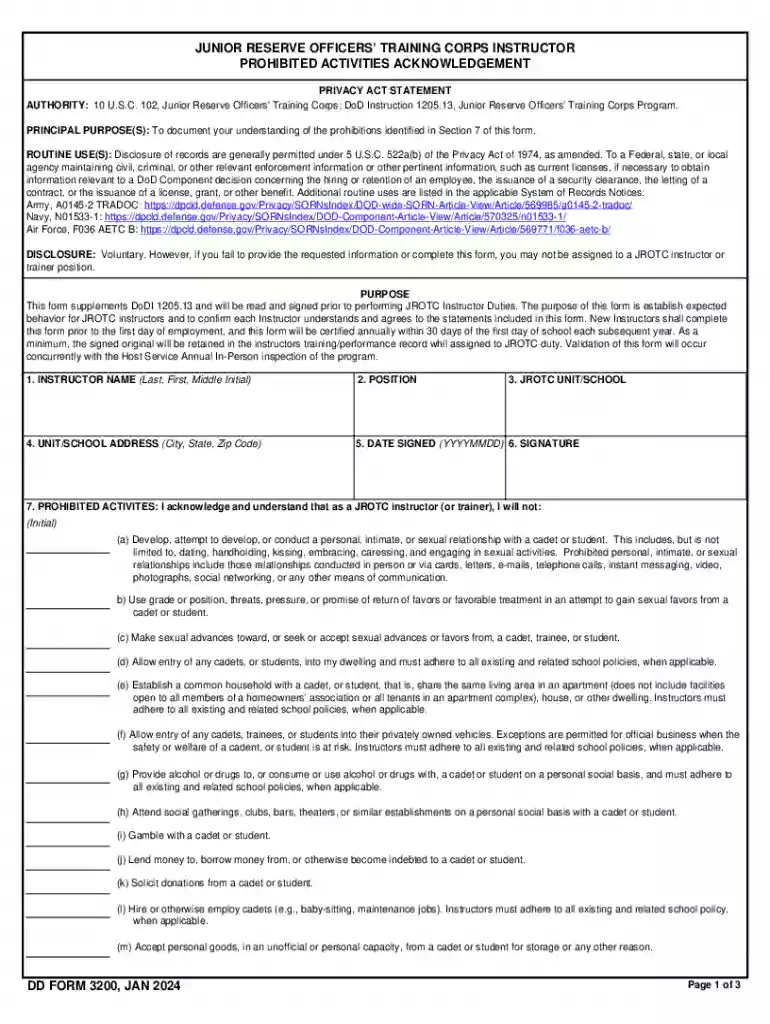 JROTC Instructor Prohibited Activities Acknowledgment Preview on Page 1