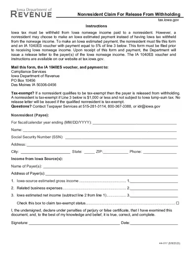 Nonresident Request for Release from Withholding 44-017 Preview on Page 1