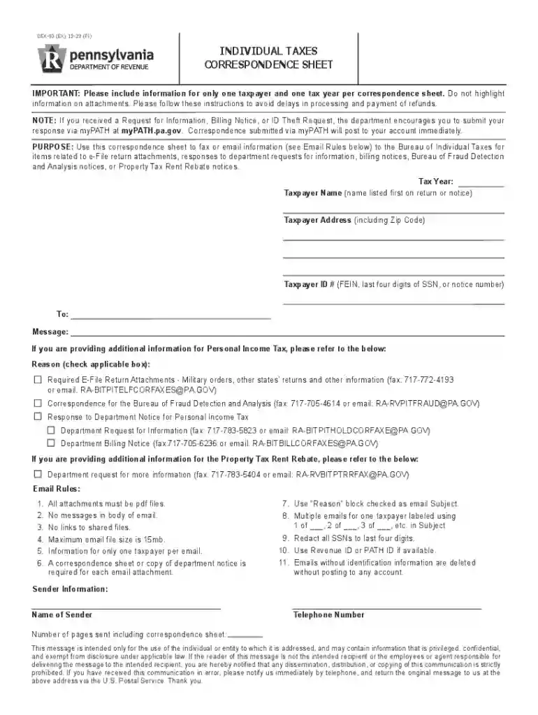 Pennsylvania Form DEX-93 (Personal Income Tax Preview on Page 1