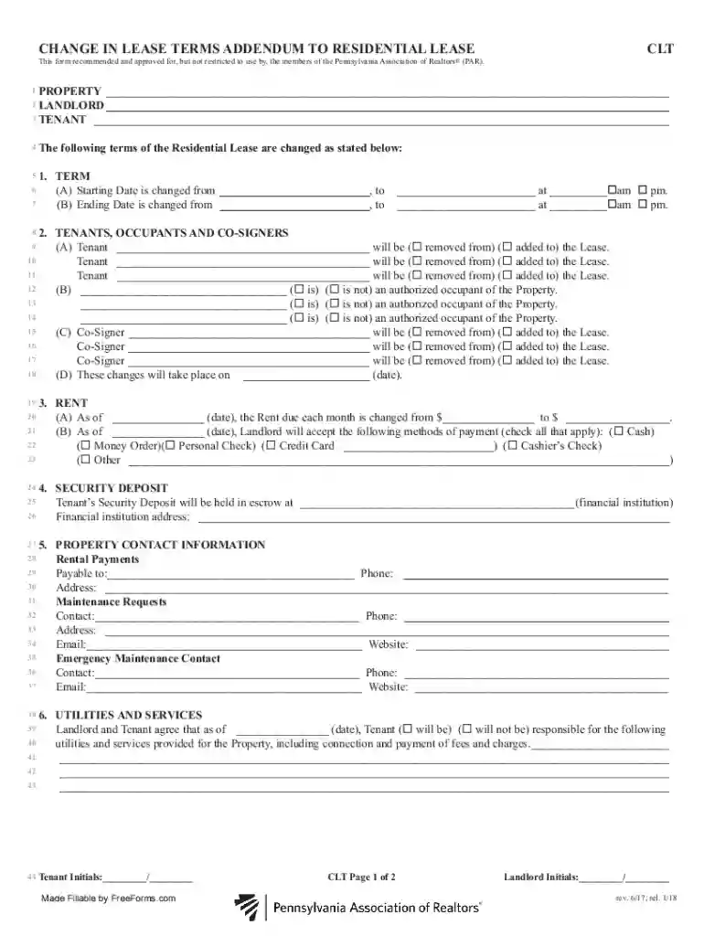 change in lease terms addendum to residential lease Preview on Page 1