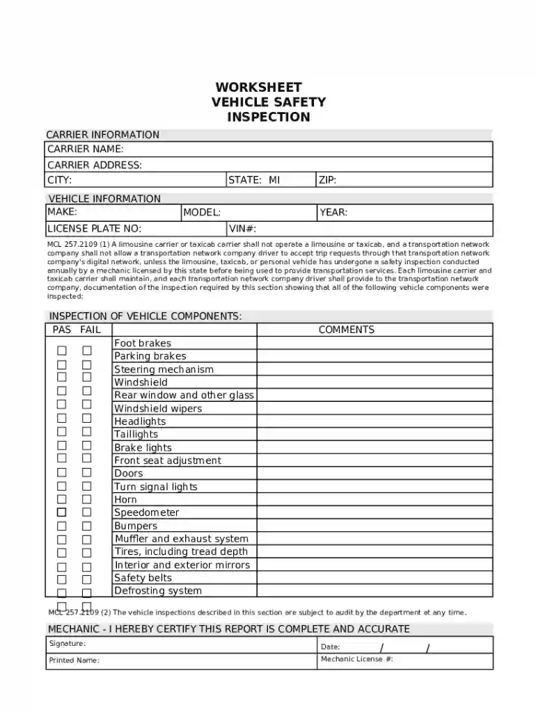 Vehicle Safety Inspection Worksheet Preview on Page 1