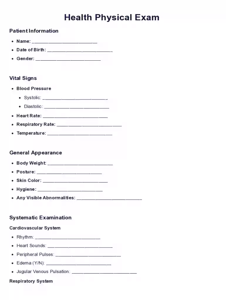 Health Physical Exam Template PDF Optimize your healthcare practice with our Health Physical Exam Te Preview on Page 1