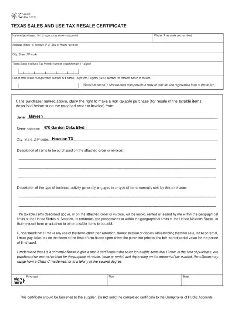Resale Certificate Texas - Fill and Sign Printable Template Online Preview on Page 1