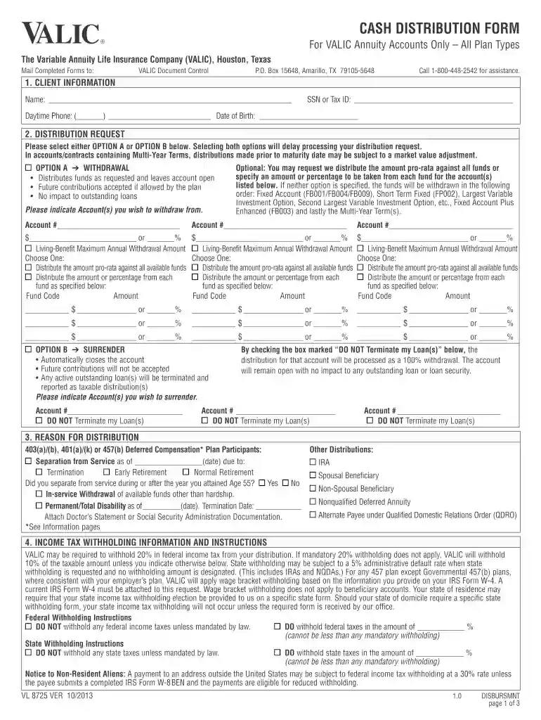 VALIC Cash Distribution Form Preview on Page 1