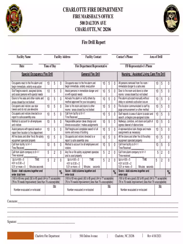 Charlotte Fire Department Fire Drill Report Preview on Page 1