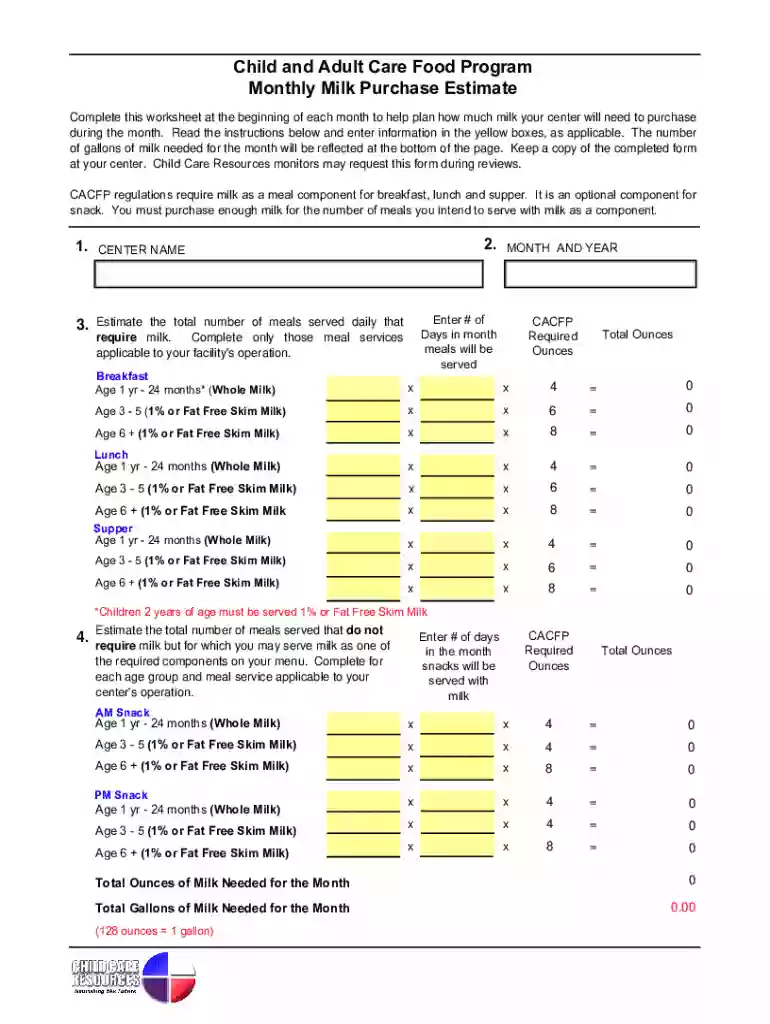 Child Care Milk Purchase Estimate Form Preview on Page 1