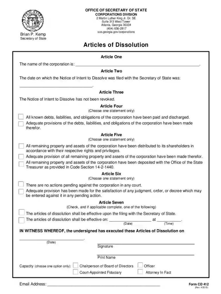Articles of Dissolution, Profit Corporation (CD 412) - Georgia - sos ga Preview on Page 1