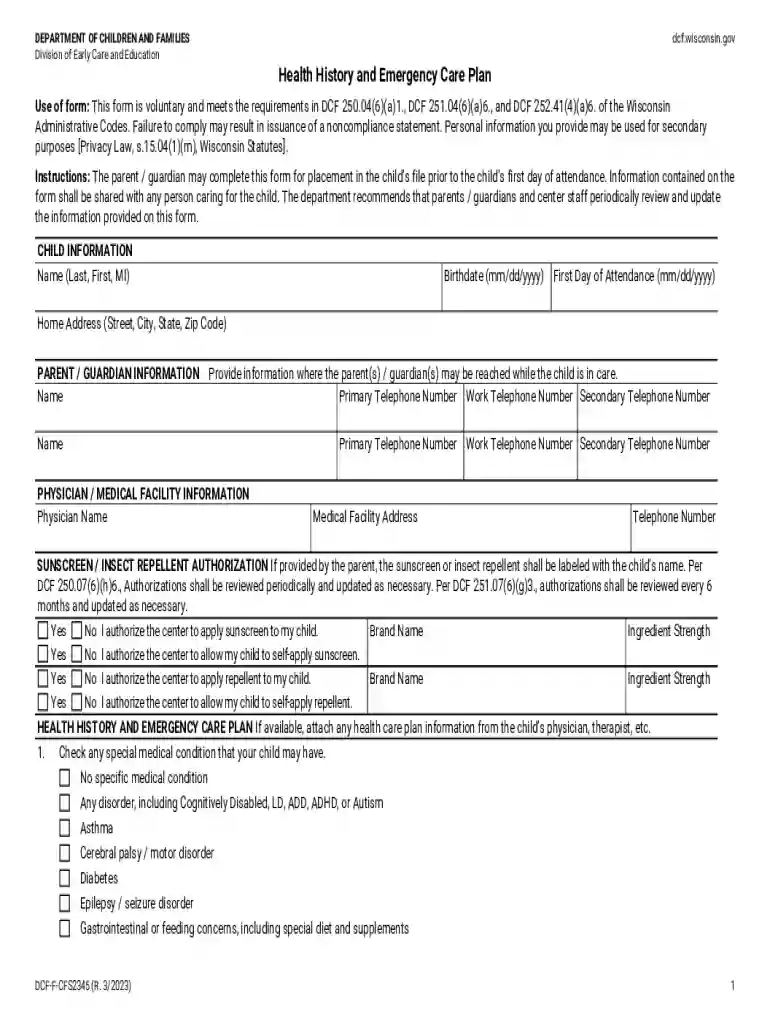 Health History and Emergency Care Plan, DCF-F-CFS2345-E Division of Early Care and Education Preview on Page 1