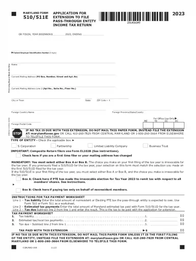 Tax Year 2023 Form 510 511E Application for Extension to File Pass-Through Entity Income Tax Return Preview on Page 1
