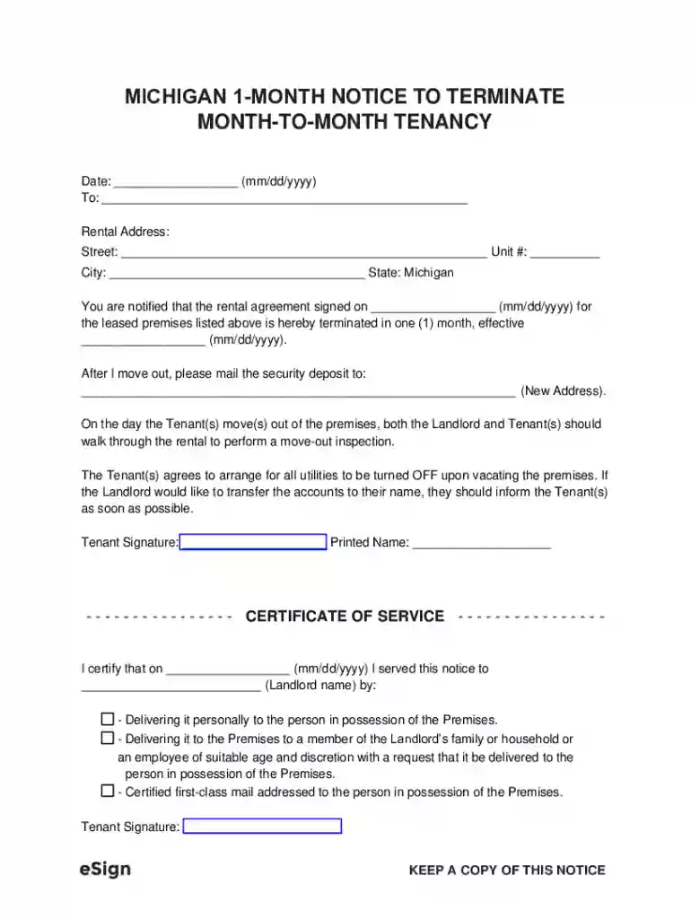 Michigan 1-Month Notice to Terminate Month-to-Month Tenancy for Tenant Preview on Page 1