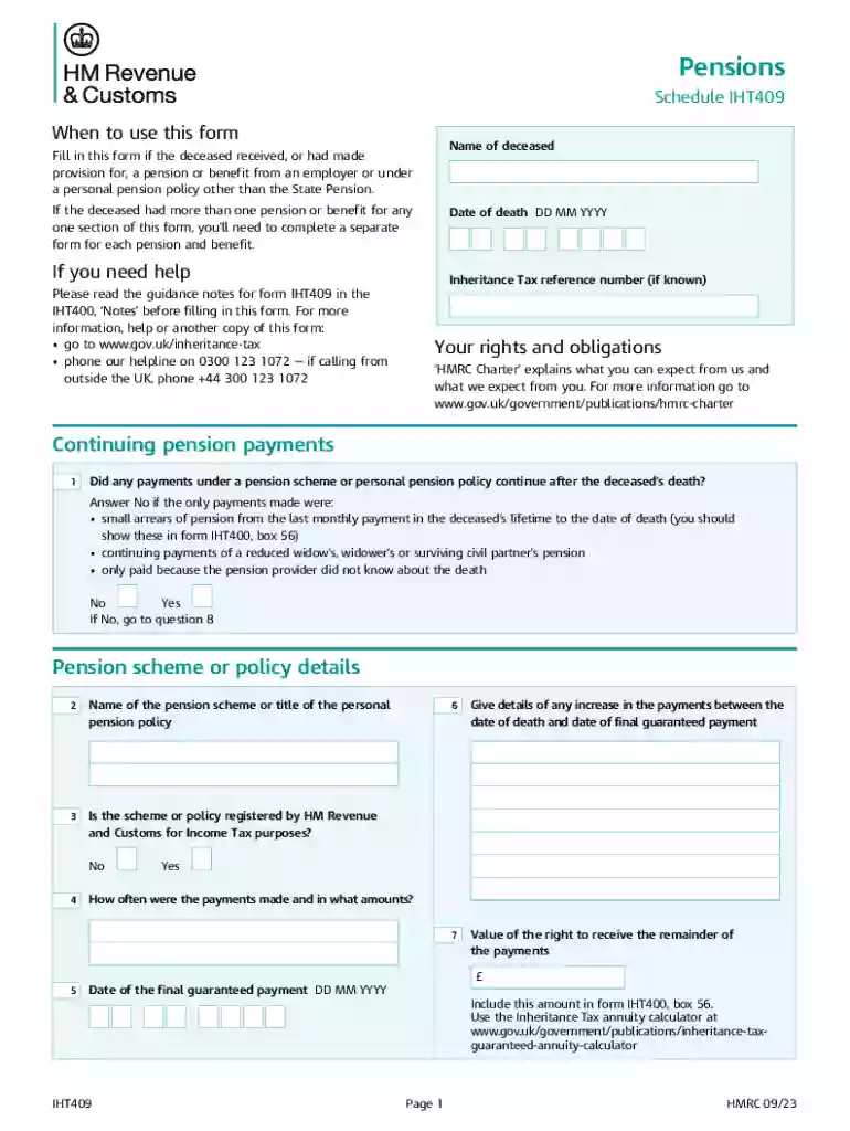 UK Inheritance Tax Pension Form IHT409 Preview on Page 1