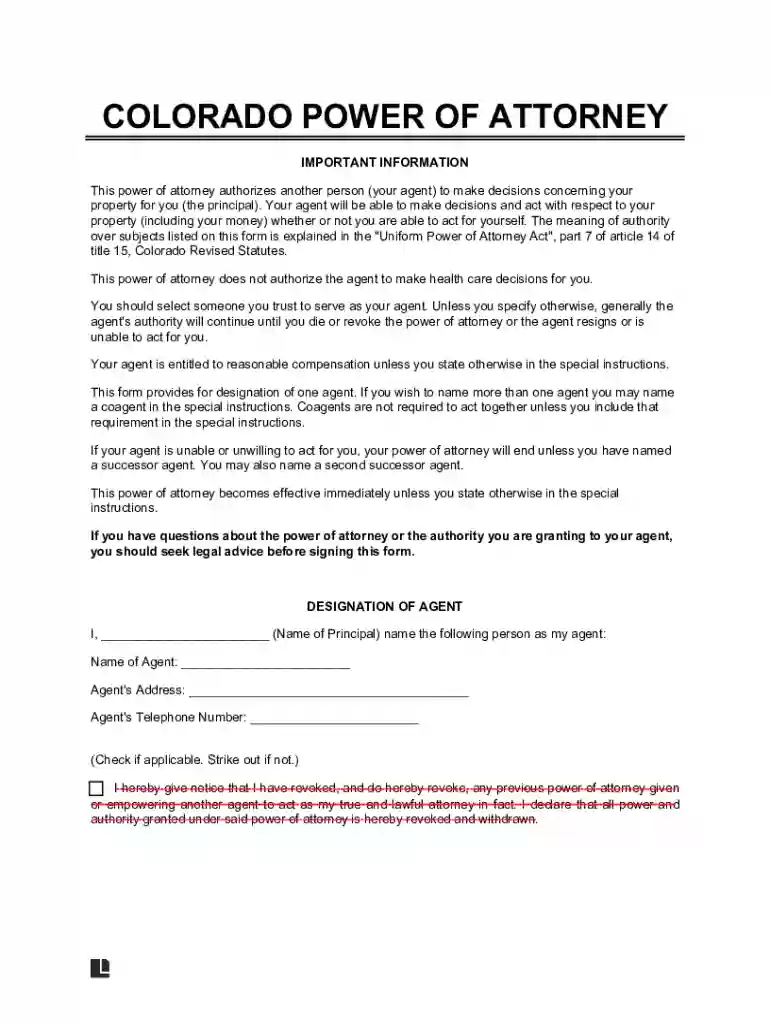 Free Colorado Power of Attorney Template Preview on Page 1