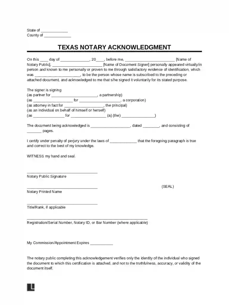 TEXAS NOTARY ACKNOWLEDGMENT Preview on Page 1