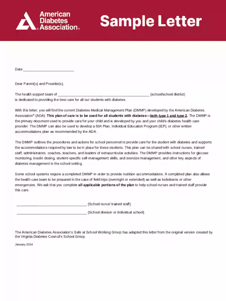 Diabetic Management Plan Form Preview on Page 1