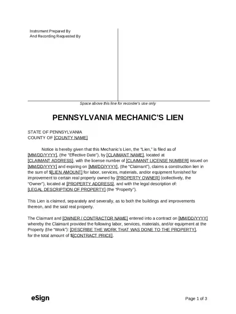 Free Pennsylvania Mechanic's Lien FormPDFWord Preview on Page 1