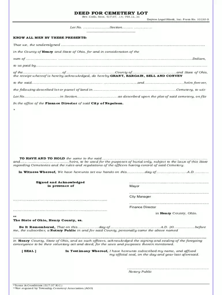 Cemetery Deed Form Preview on Page 1
