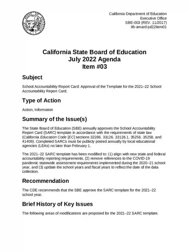 School Accountability Report Card: Approval of the Template for the 2021-22 School Accountability Re Preview on Page 1