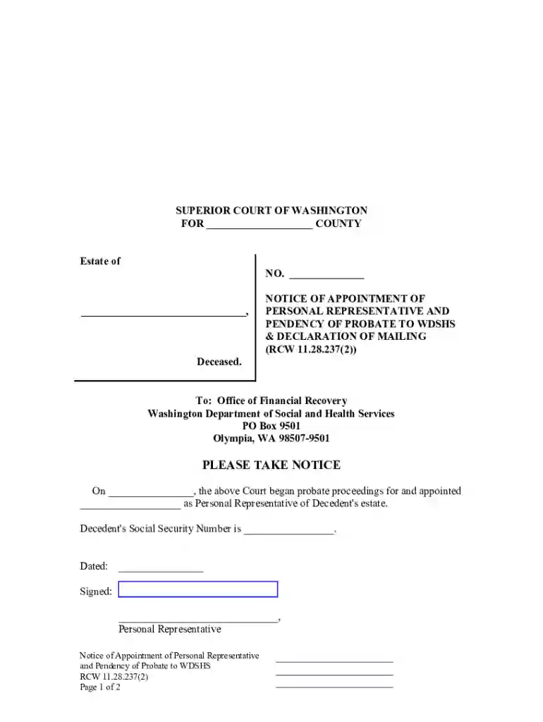 Washington Notice of Appointment and Pendency of Probate to WDSHS and Declaration of Mailing Form Preview on Page 1