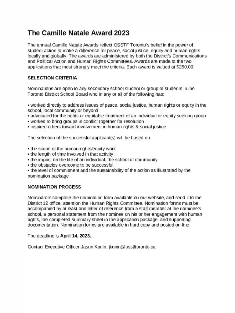 The Camille Natale Awards NOMINATION FORM 2023 Preview on Page 1