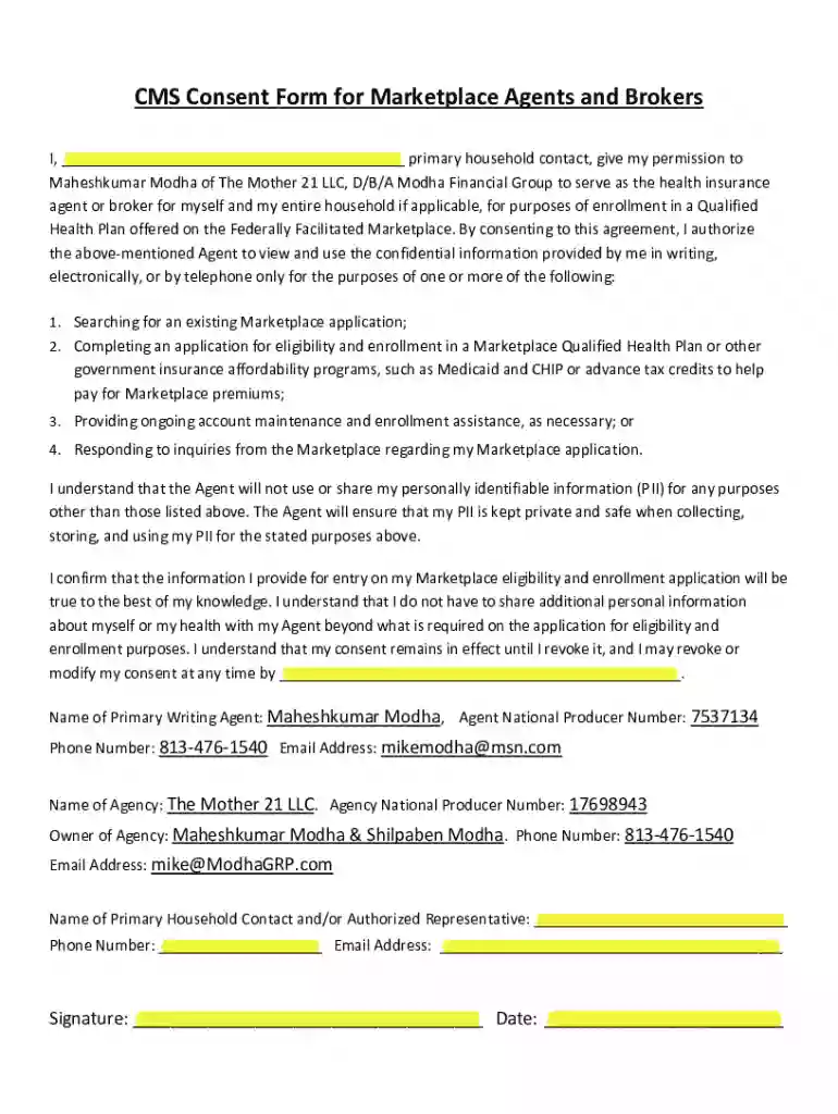 CMS Consent Form for Marketplace Agents and Brokers Preview on Page 1