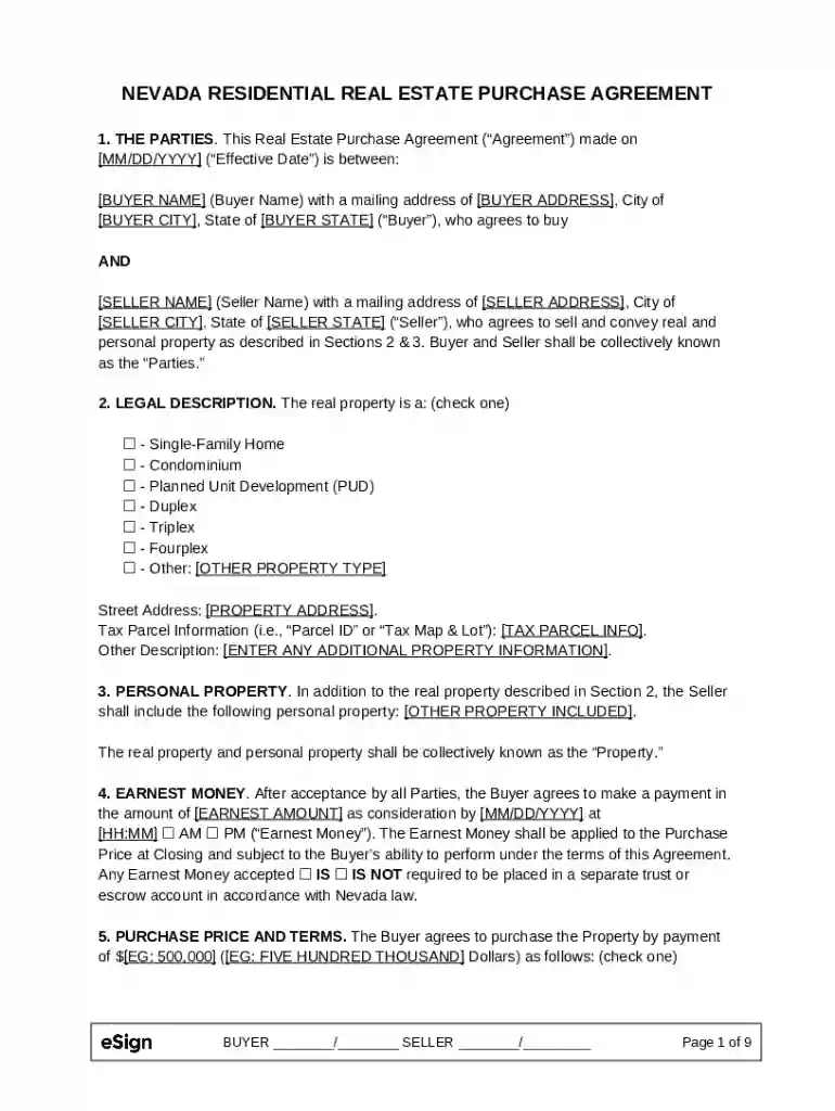 Nevada Residential Real Estate Purchase Agreement Preview on Page 1