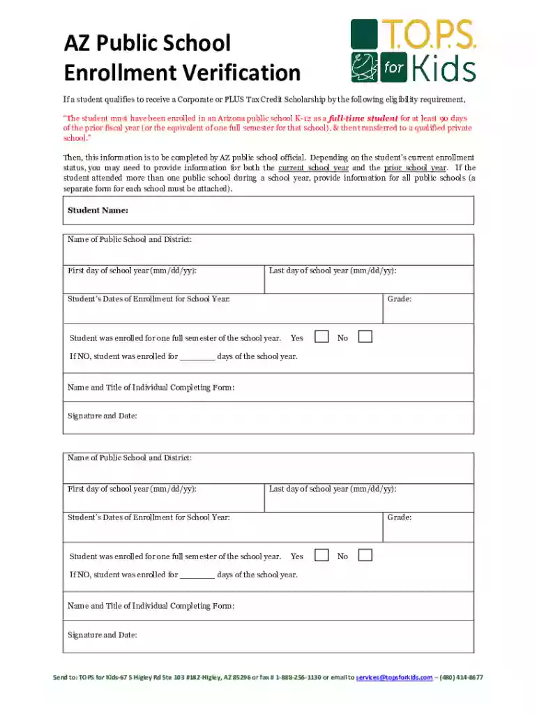az public school enrollment verification form Preview on Page 1