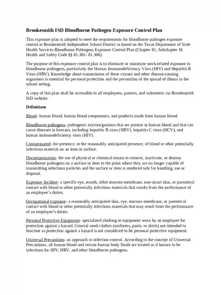 Bloodborne Pathogen Exposure Plan Preview on Page 1