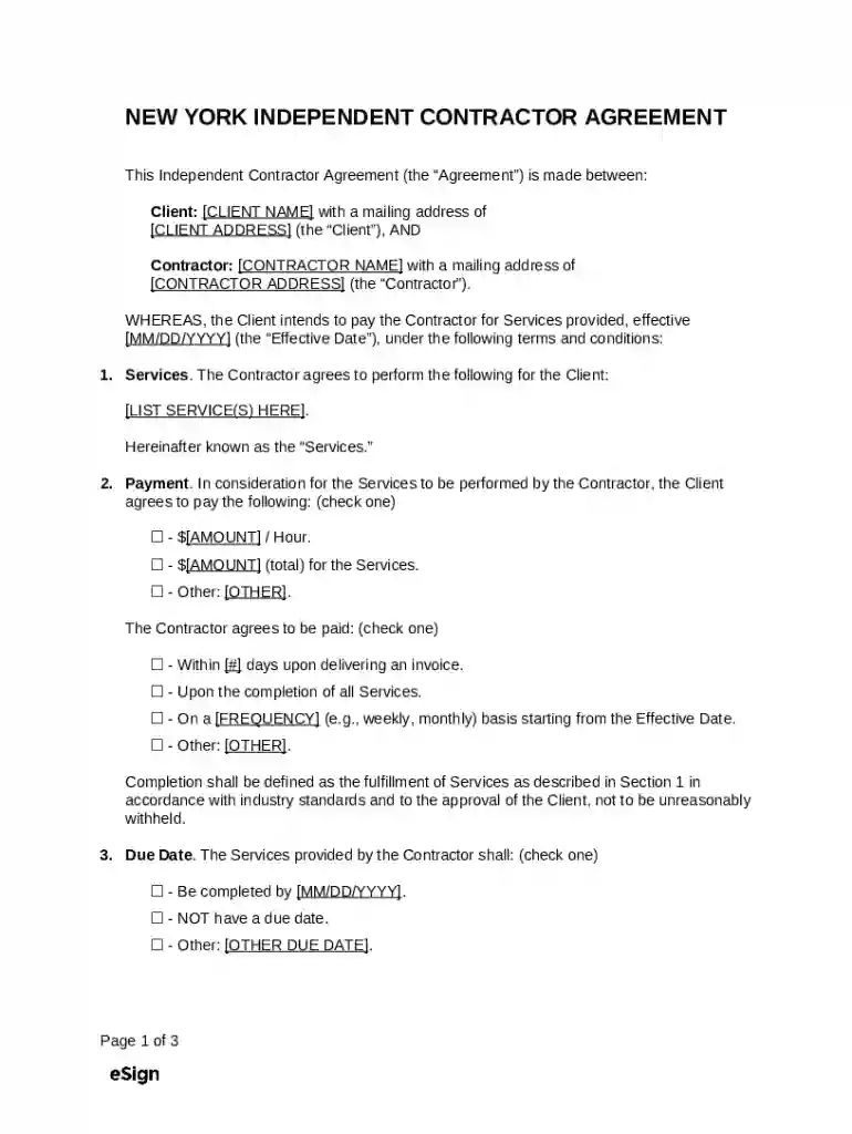 New York Independent Contractor Agreement Preview on Page 1