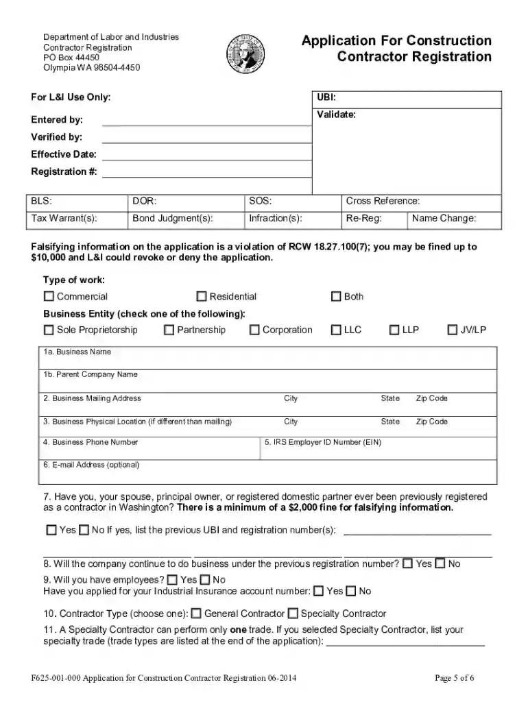 f625 001 000 application for construction contractor registration Preview on Page 1