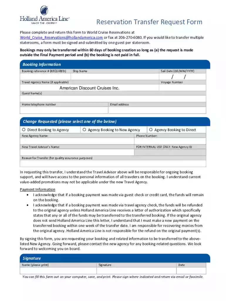 Reservation Transfer Request Form Preview on Page 1