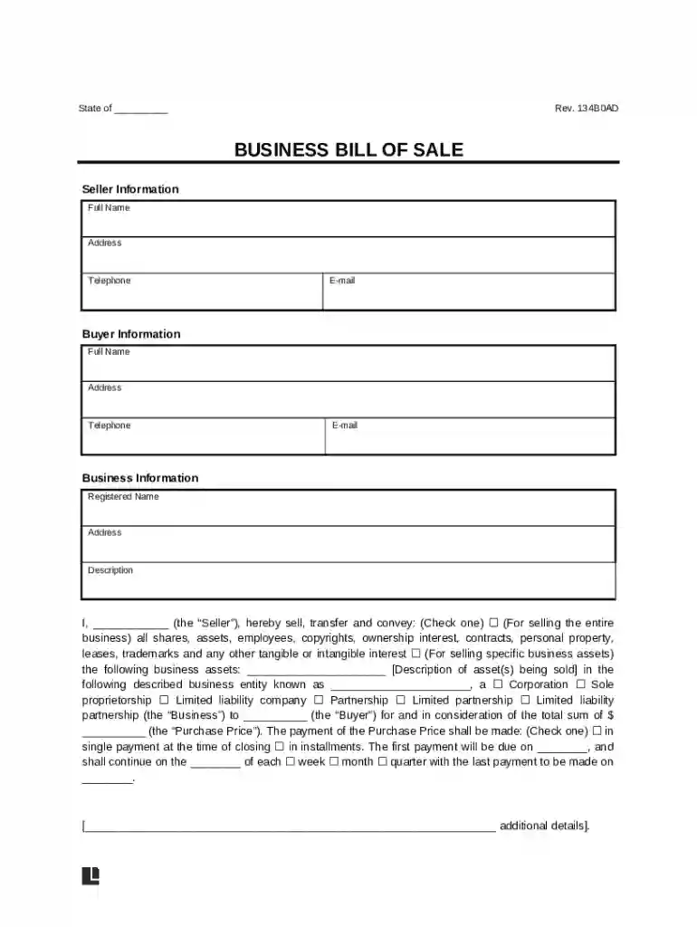 Business Bill of Sale Preview on Page 1