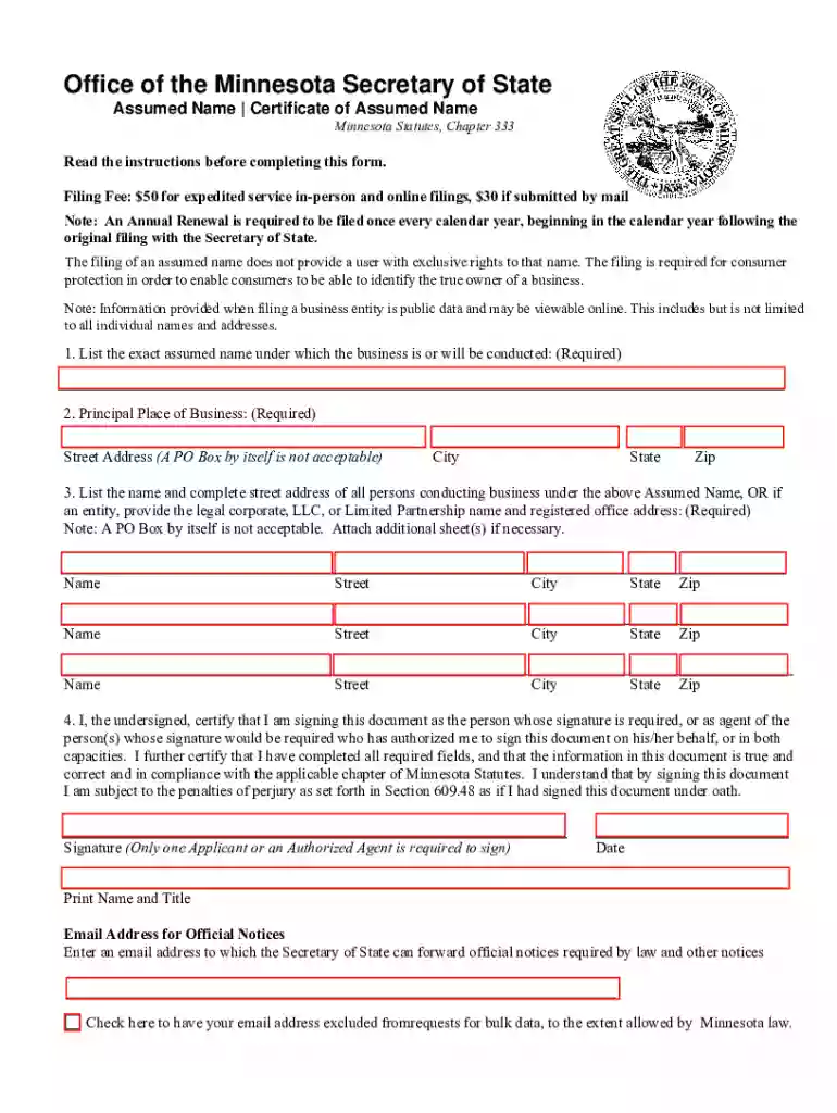 minnesota certificate assumed name Preview on Page 1