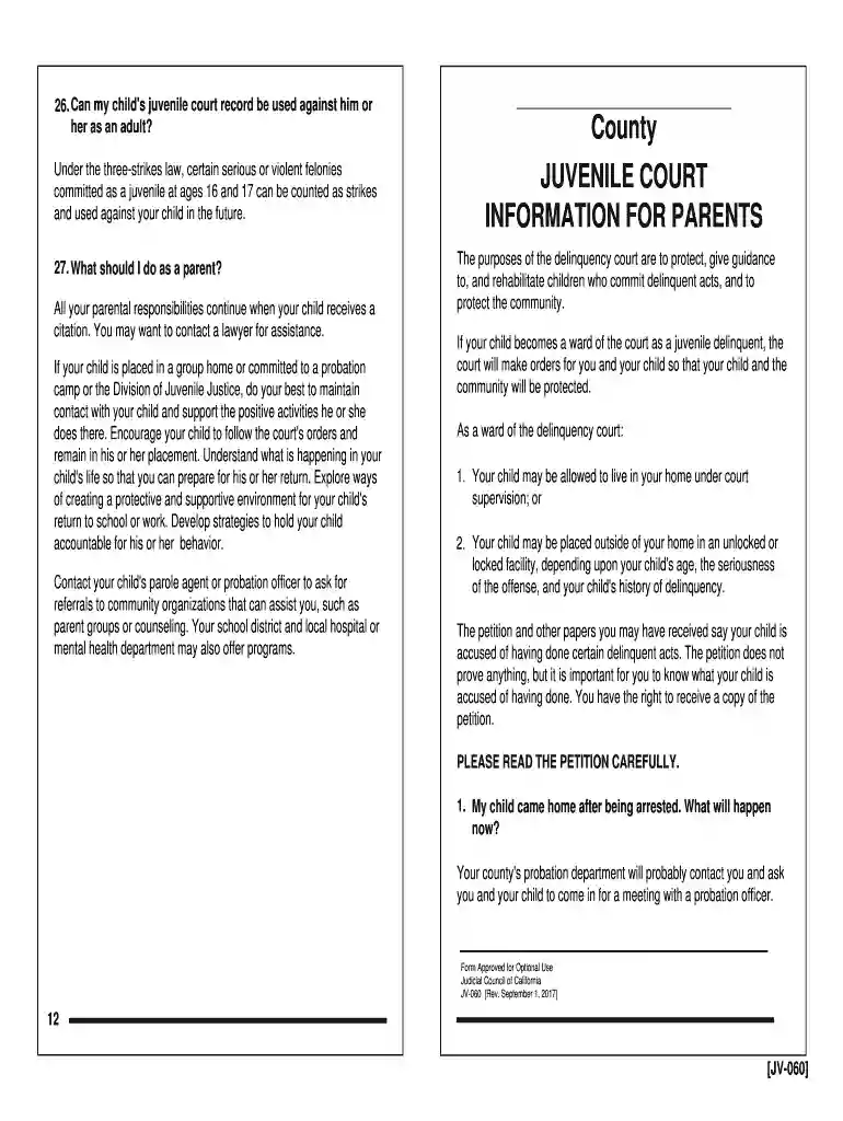 JV-060 Juvenile Court -- Information for Parents - courts ca Preview on Page 1