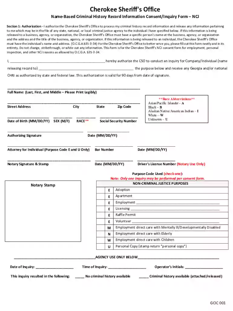 CRIMINAL HISTORY CONSENT FORMNCJ Preview on Page 1