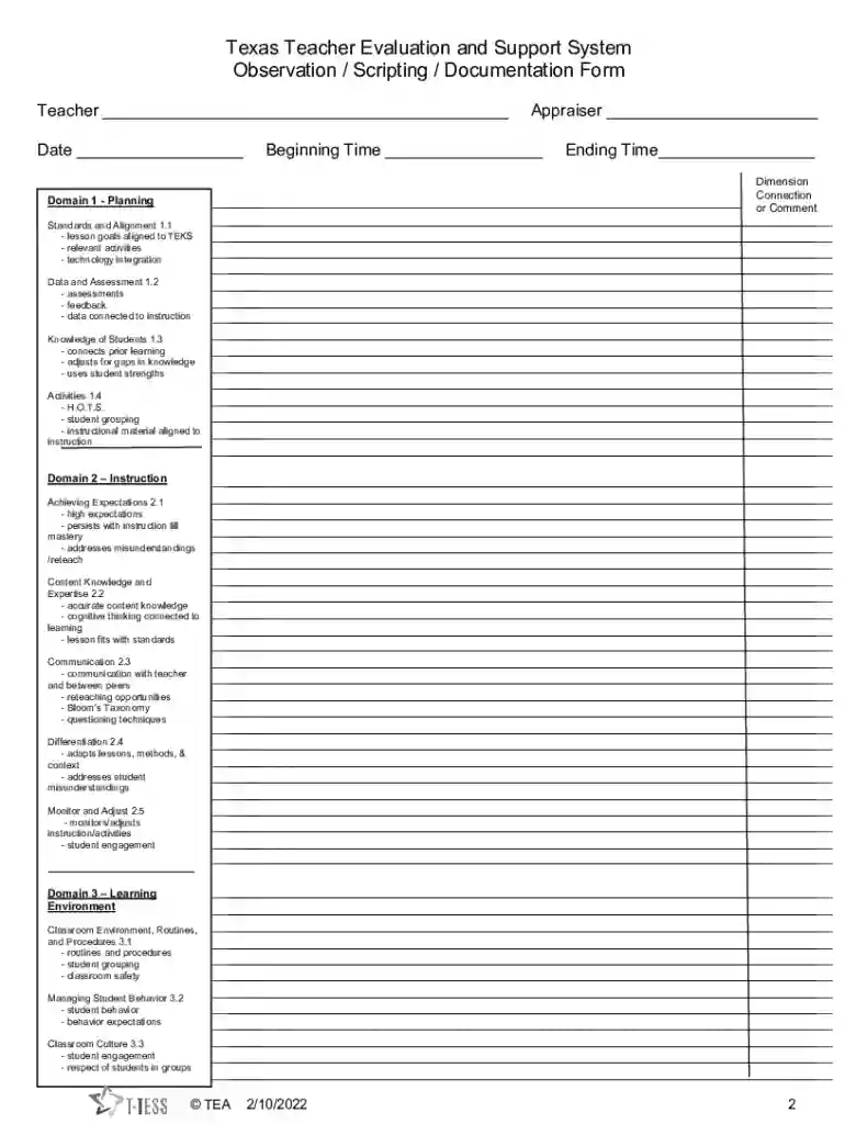 Texas Teacher Evaluation and Support System Observation Scripting Documentation Form Preview on Page 1
