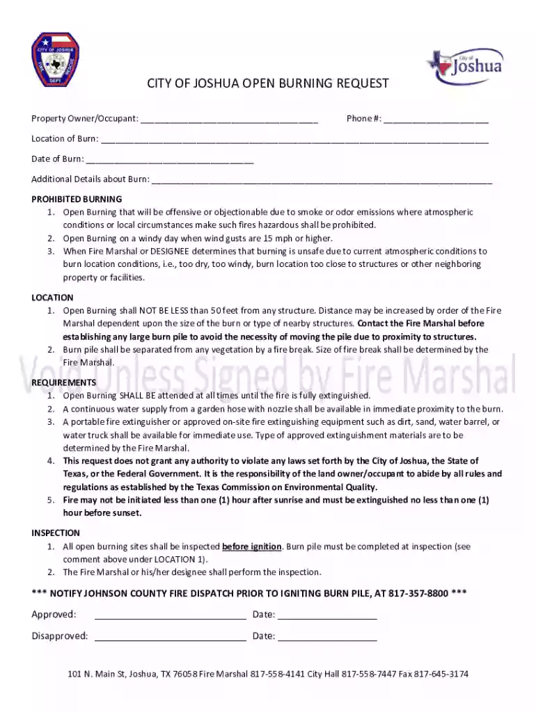 CITY OF JOSHUA OPEN BURNING REQUEST Preview on Page 1