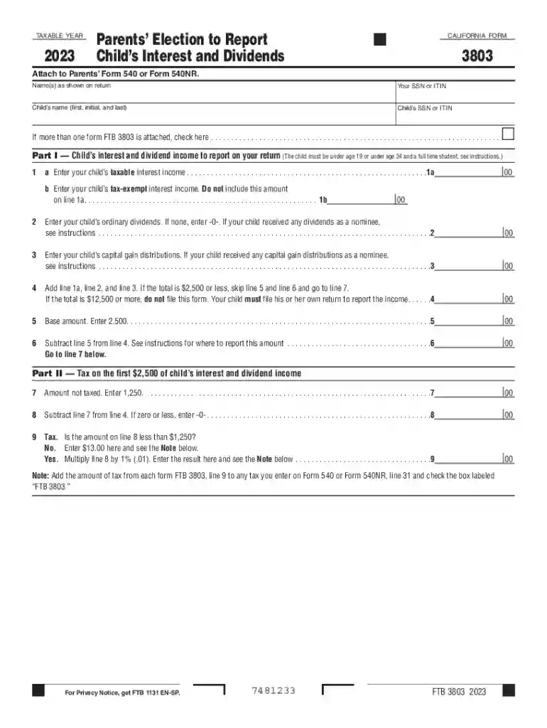 California Form 3803 (Parents' Election to Report Child's Preview on Page 1