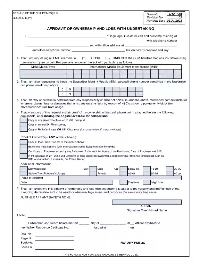 affidavit of ownership and loss with undertaking Preview on Page 1